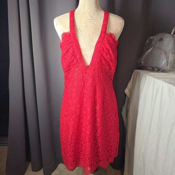 NBD Dresses & Skirts - NBD Revolve Red Lace V-Neck Mini Dress NWT Size XL
